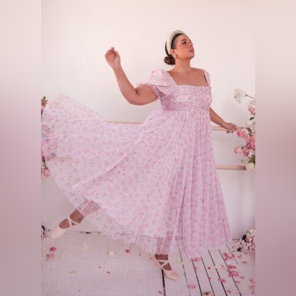 JESSAKAE Promenade Puff Sleeve Floral Print Maxi Dress, Pink And White Large